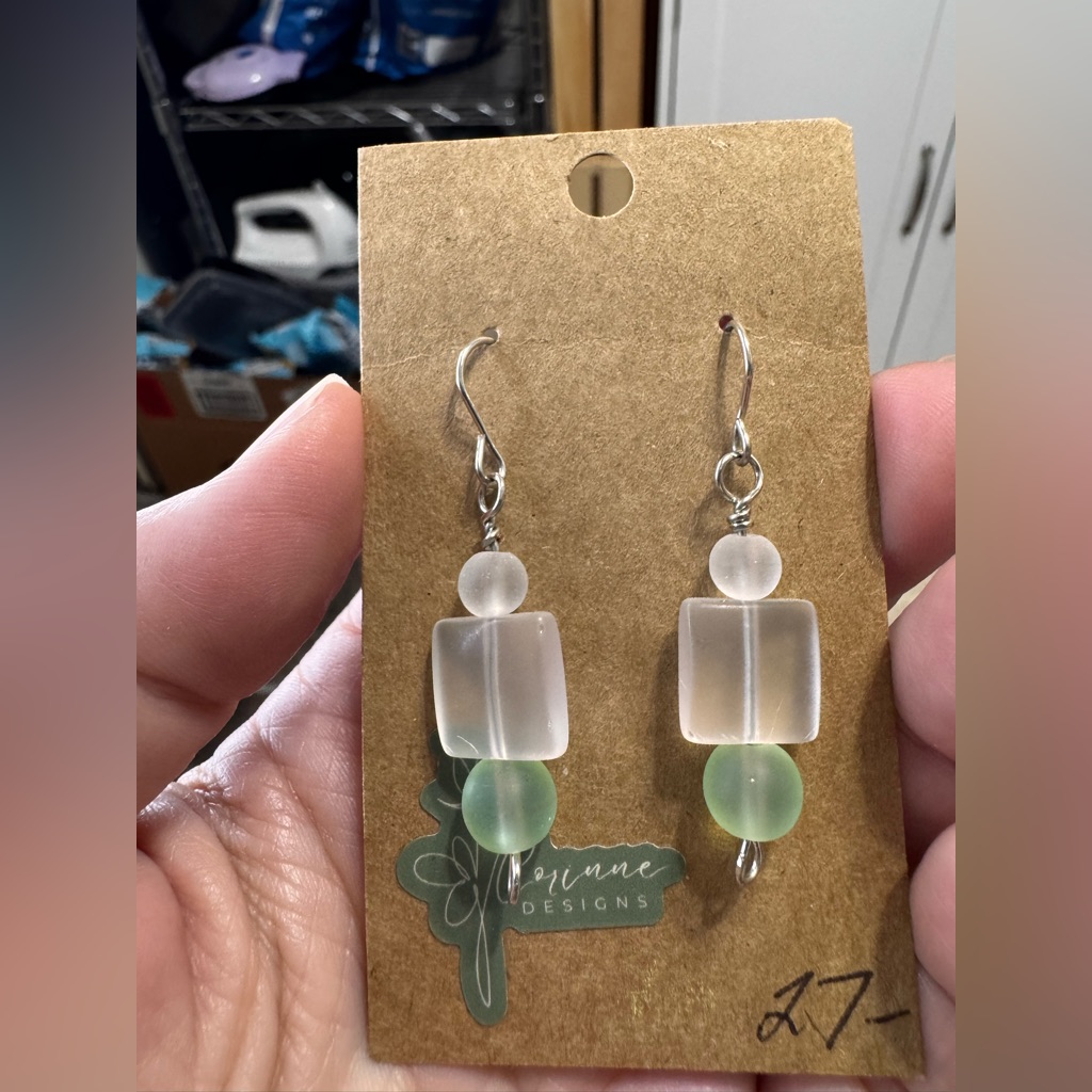 Green Sea Glass, And White Crystal Bead Earrings